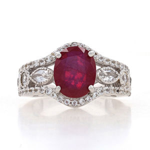 Sterling Lead Glass Filled Ruby & White Topaz Ring - 925 Oval Milgrain Sz 8 1/4